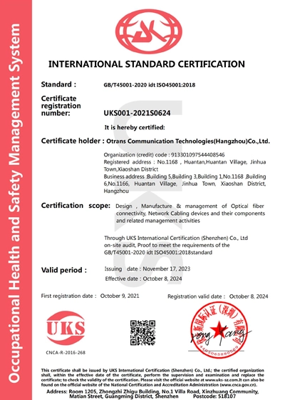 ISO45001: Occupational Health and Safety Management System Certificate