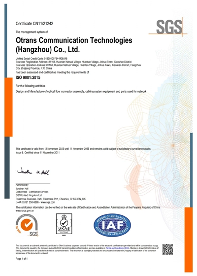 ISO9001: Quality System Certification Certificate