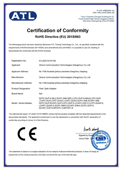 Optical Fiber Adapter CE RoHS ATL